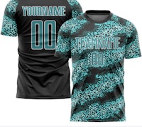 a black and turquoise leopard print soccer jersey with your name on it